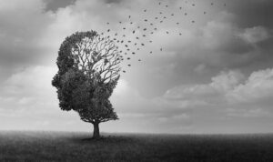 Surreales, medizinisches Neurologie-Krankheitskonzept von Alzheimer-Krankheit mit neuropathologischem Gedächtnisverlust aufgrund von Gehirndegeneration und -verfall
