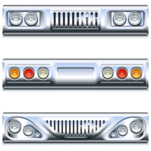 Verschiedene Fahrzeugbeleuchtung, Front- und Rückfahrscheinwerfer, isoliert auf weißem Hintergrund